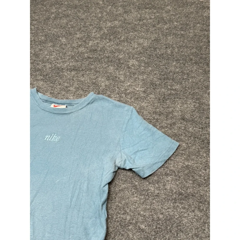 Vintage Nike Baby Tee Light Blue Ribbed Embroidered Script Logo Shirt Womens‎ M